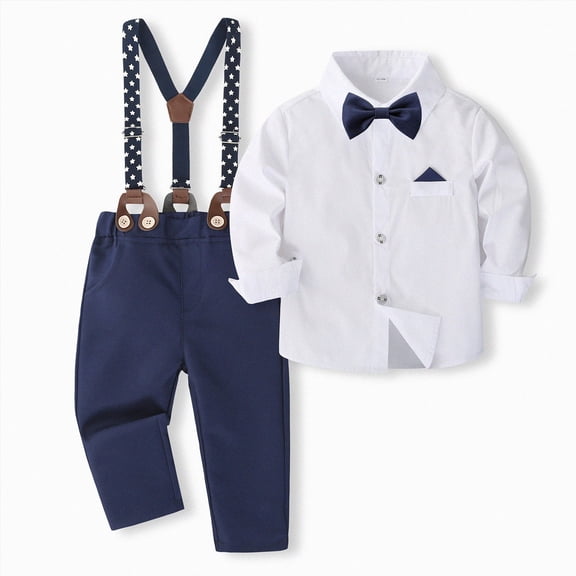 Gubotare Baby Boy Clothes Suits 0-24M Infant Gentleman Outfit Long Sleeve Dress Shirt Suspender Pants Bowtie Beret Wedding Set (White, 12-18 Months)