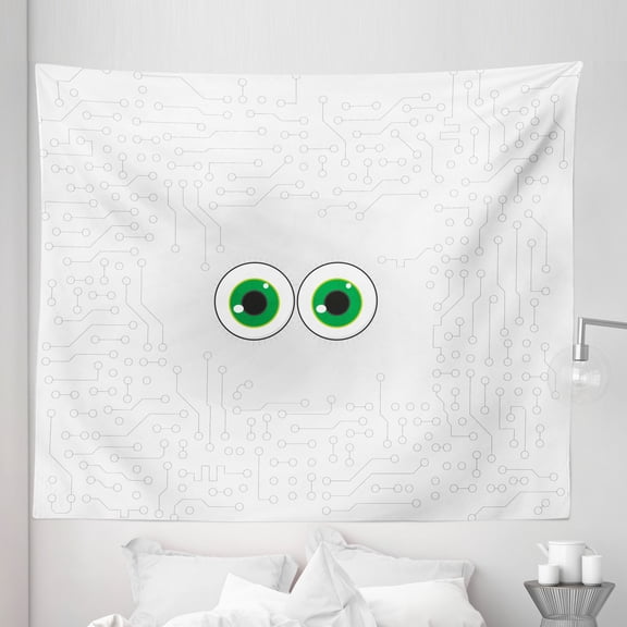 Trippy Tapestry, High-Tech Hardware Circuit Board Backdrop with Eye Forms Digital Picture, Fabric Wall Hanging Decor for Bedroom Living Room Dorm, 5 Sizes, Pearl Black Jade Green, by Ambesonne