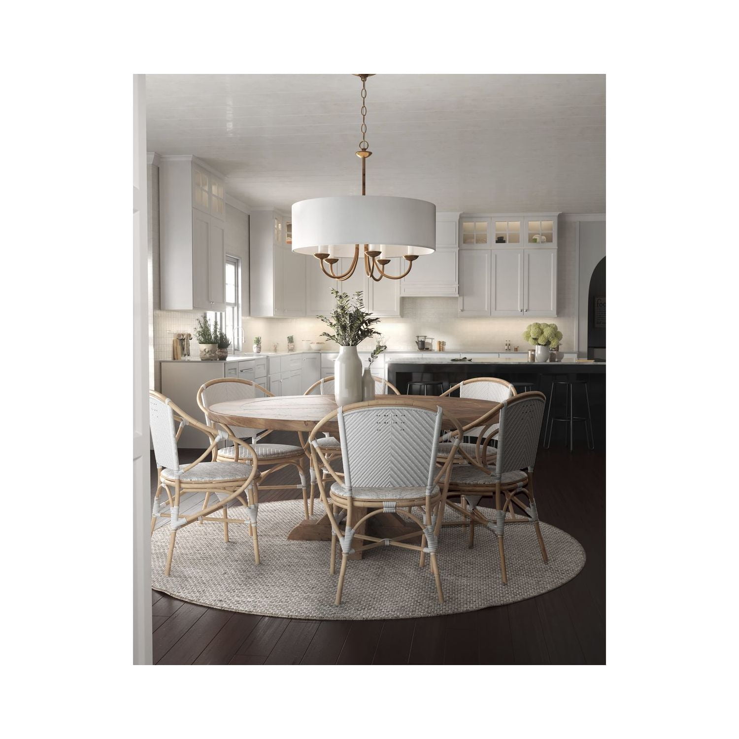 Drum ShadeCollection Five-Light Brushed Bronze White Fabric Shade New Traditional Chandelier Light