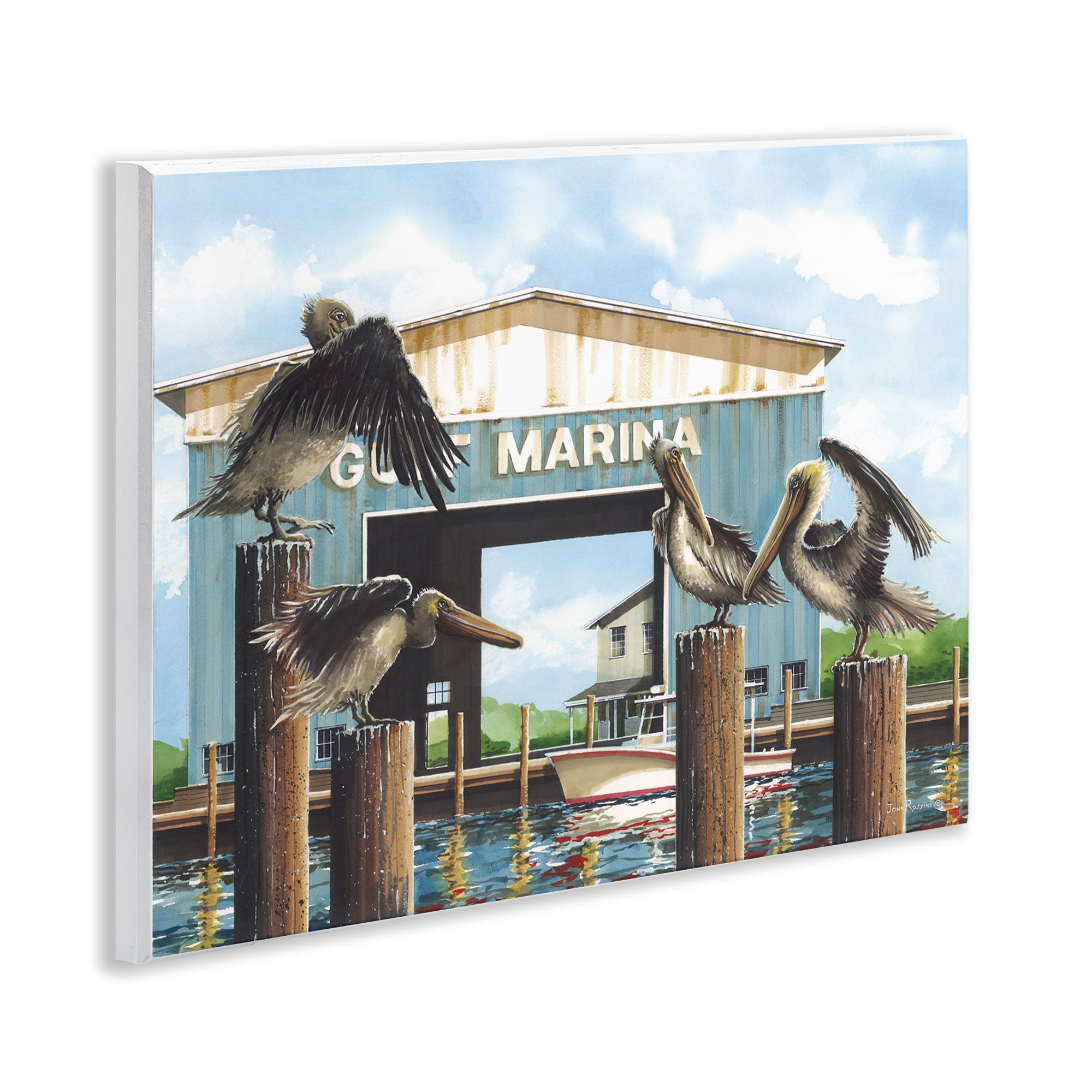 Stupell Industries Boat Marina Pelicans Nautical & Beach Painting Unframed Art Print Wall Art, 14 x 11