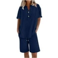 thumbnail image 2 of Linen Short Sets for Women 2 Piece Outfits Short Sleeve Button V Neck Shirts and Bermuda Short Sets Vacation Clothes 2026 Blue 2XL, 2 of 6