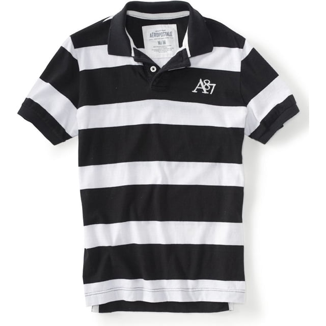 Aeropostale - Polo de rugby para hombre, diseño de rayas A87, color negro, pequeño