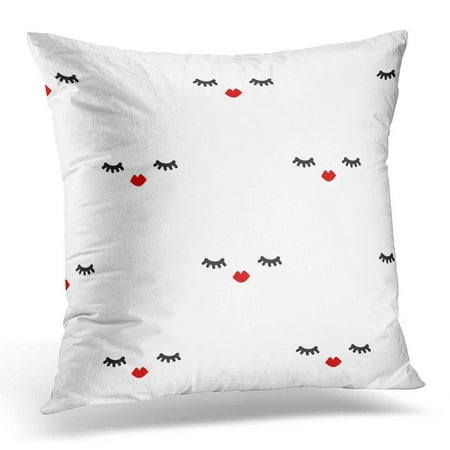 CMFUN Black Lashes Cute Pattern with Eyelashes and Red Lips White Drawing Pillow Case Pillow Cover 20x20 inch