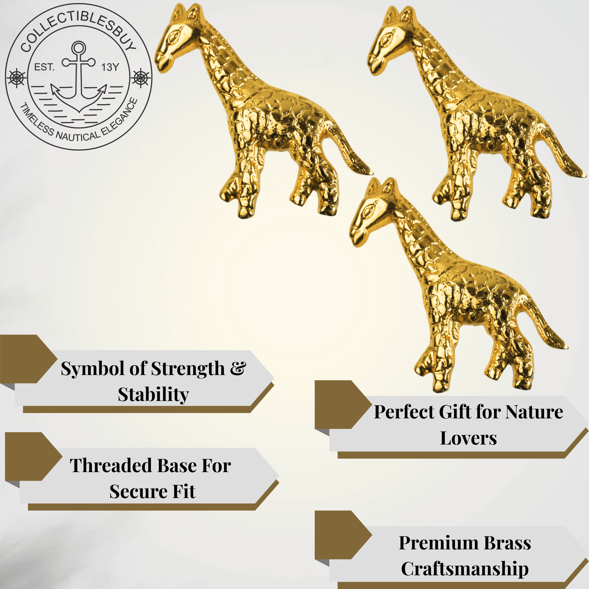 Vintage Shiny Brass Giraffe Cabinet Knob – Unique Animal Drawer Pull Handle for Room, Dresser, Cupboard & Closet | Nature Theme Furniture Hardware (Giraffe Set of 3)
