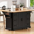 thumbnail image 2 of Kitchen Island with Drop Leaf and Power Outlet&nbsp;– 56" Rubber Wood Veneer Top, Rolling Storage Cart on 4 Wheels with 6 Deep Drawers and 4 Door Shelves, for Kitchen and Dining Room, Black, 2 of 7