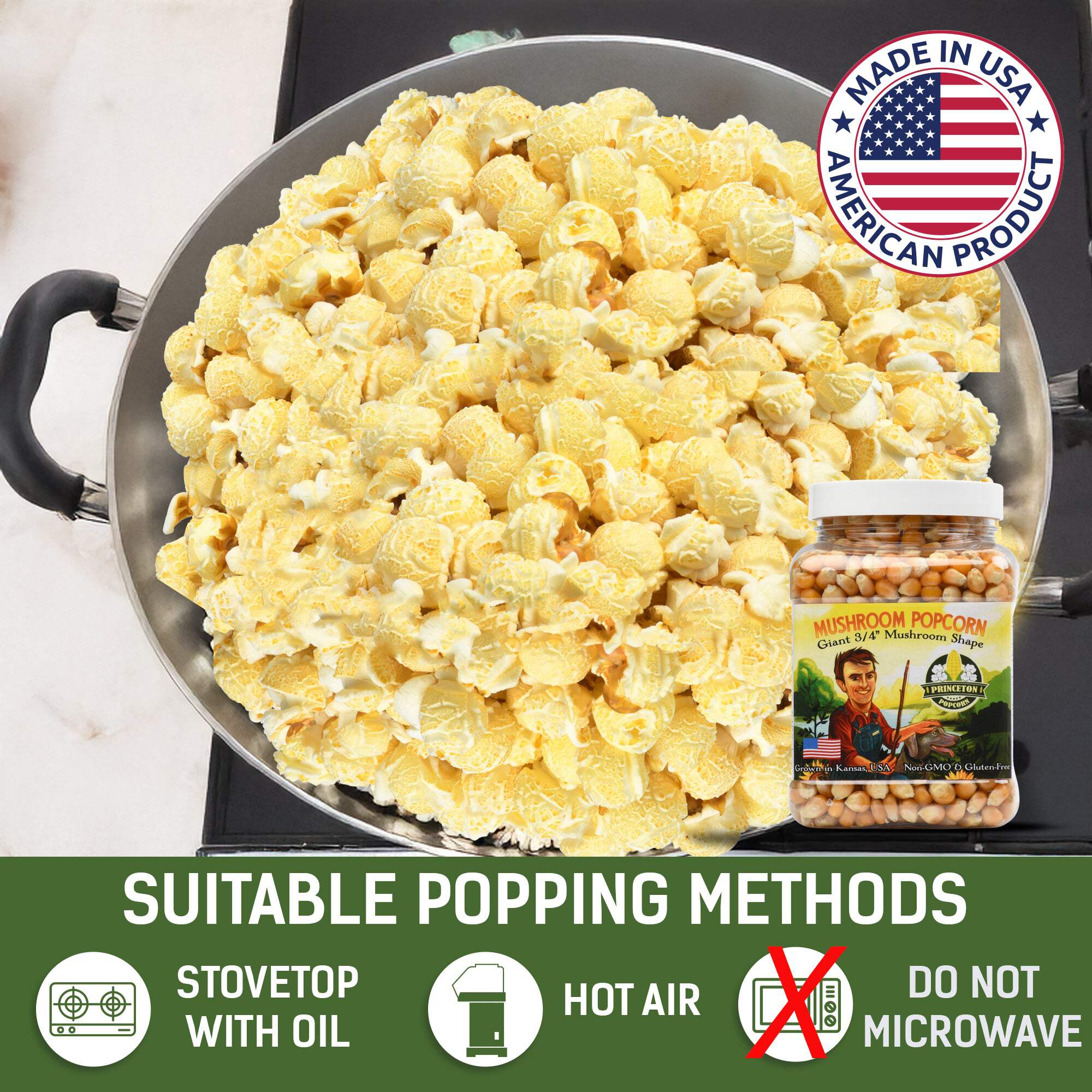 Six 1lb Tubs of Mushroom Popcorn Kernels by Princeton Popcorn Farm Grown, Non GMO, Gluten Free UnPopped, Ball Shaped, Old Fashion Popcorn Pops Extra Large, Popping Corn for Air Popper & Stovetop 96oz