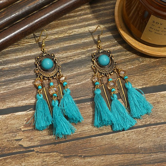 K-KED Women's Vintage Tassel Ear Hook Antique Bohemian Wine Red Earrings-Sky Blue