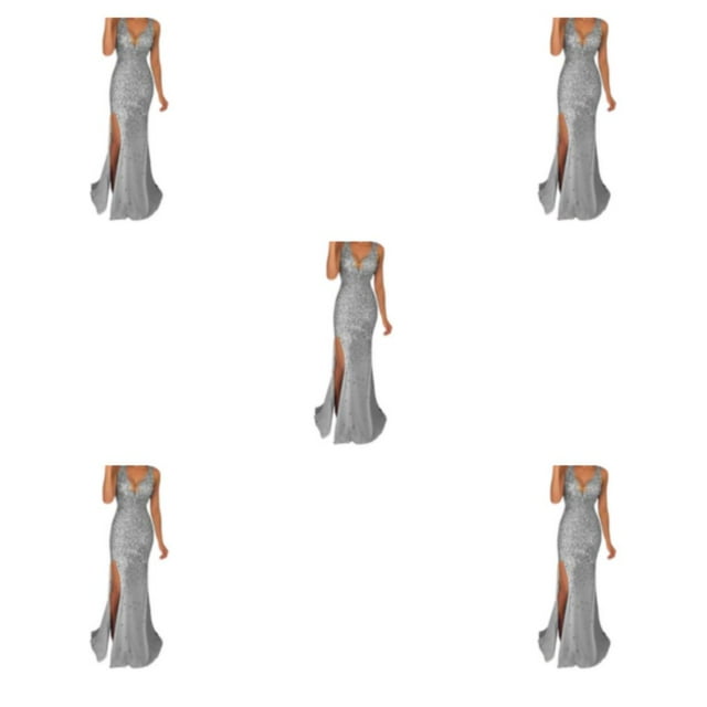 QualitChoice Soirée Robe de Soirée Tenue de Fête Vêtements V Cou Longue Balle Fente Cocktail Fine Lavable Robes de Bal Exquise Argent XL 5PCS