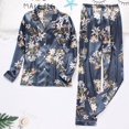 thumbnail image 2 of Conjunto de pijamas de satén de seda para mujer, conjunto de pijamas con estampado floral de dos piezas de manga larga qym unisex, 2 of 2