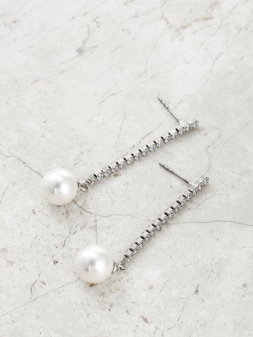Believe by Brilliance Fine Silver Plated Simulated Pearl and Cubic Zirconia Linear Drop Earrings, Adult, Female