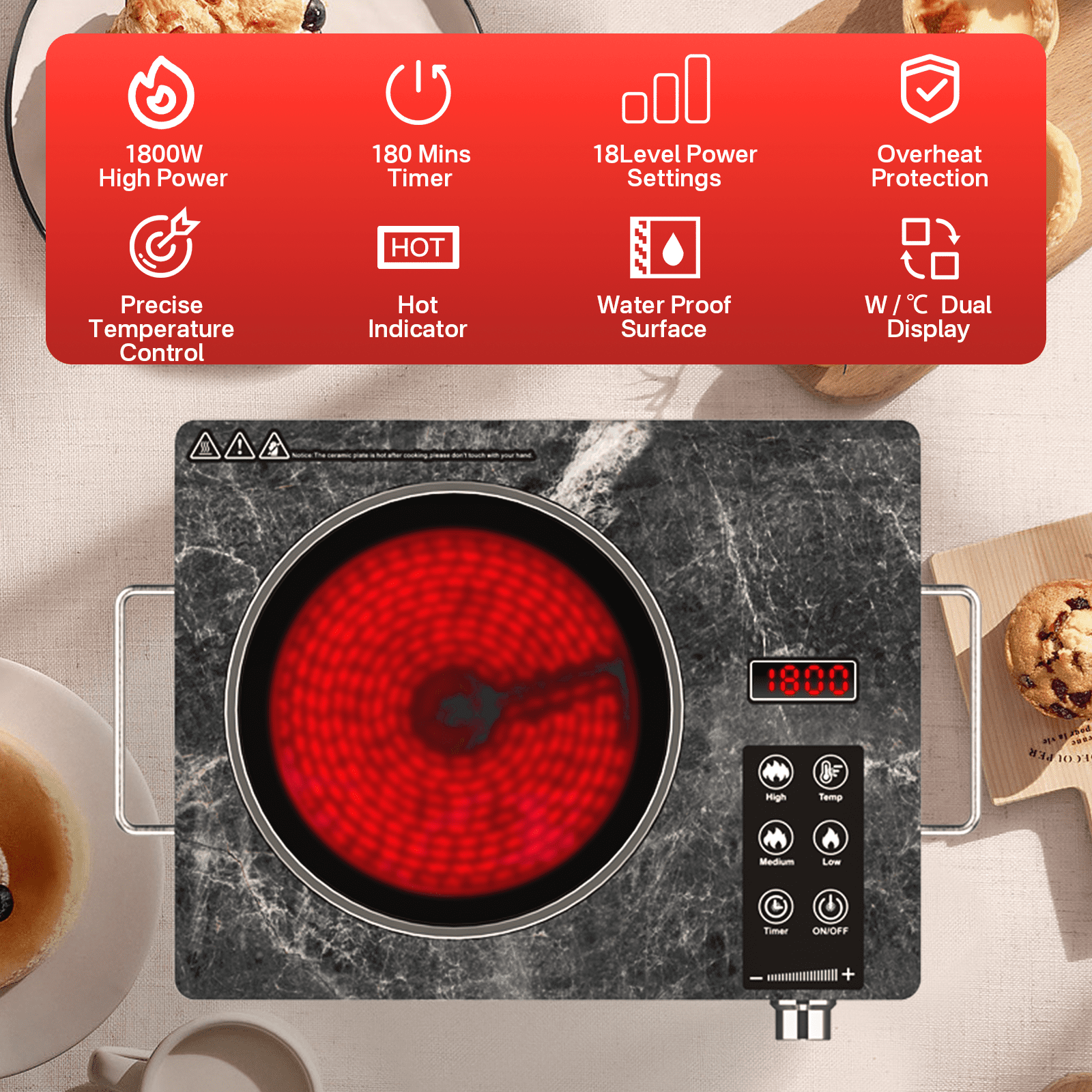 Nardea Single-Burner Electric Ceramic Cooktop – 1800W Infrared Heating, 18 Heat Levels, Timer, Compact Design, for Kitchen, Dorm, or Outdoor Use