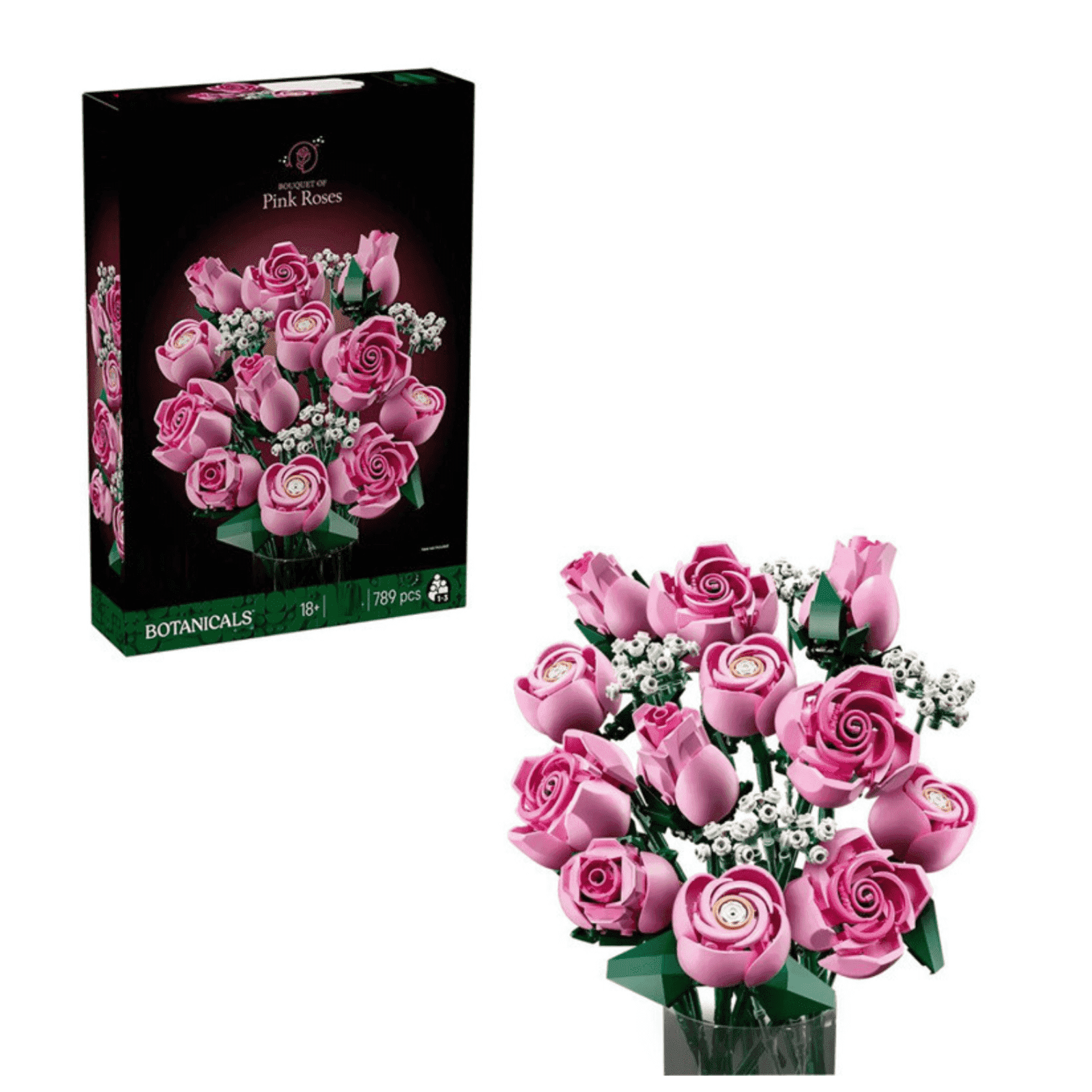 Bouquet of Pink Roses Building Kit 10374 Artificial Flowers Room Decor Blocks for Adults 18 Plus 789 Pieces