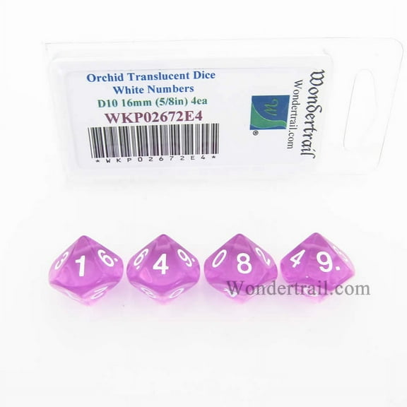 Orchid Transparent Dice with White Numbers D10 16mm (5/8in) Pack of 4 Wondertrail