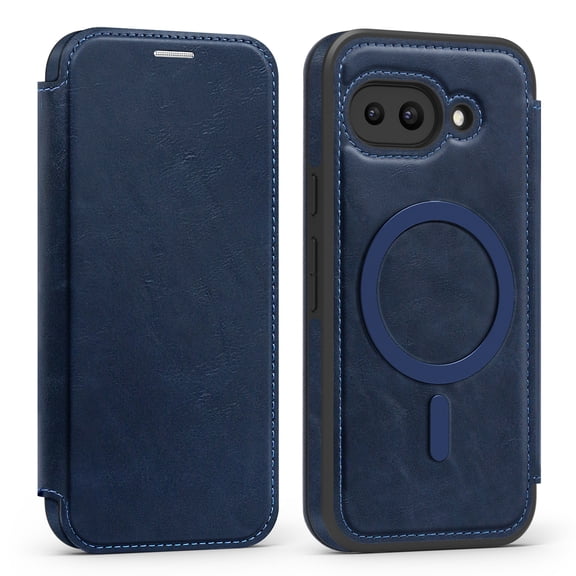 For Google Pixel 9a Magnetic Phone Case,Compatible with Mag-safe,Built-in RFID Blocking Card Slots,Premium PU Leather Flip Shockproof Anti-fall Rugged Thin Fit Phone Case,Blue