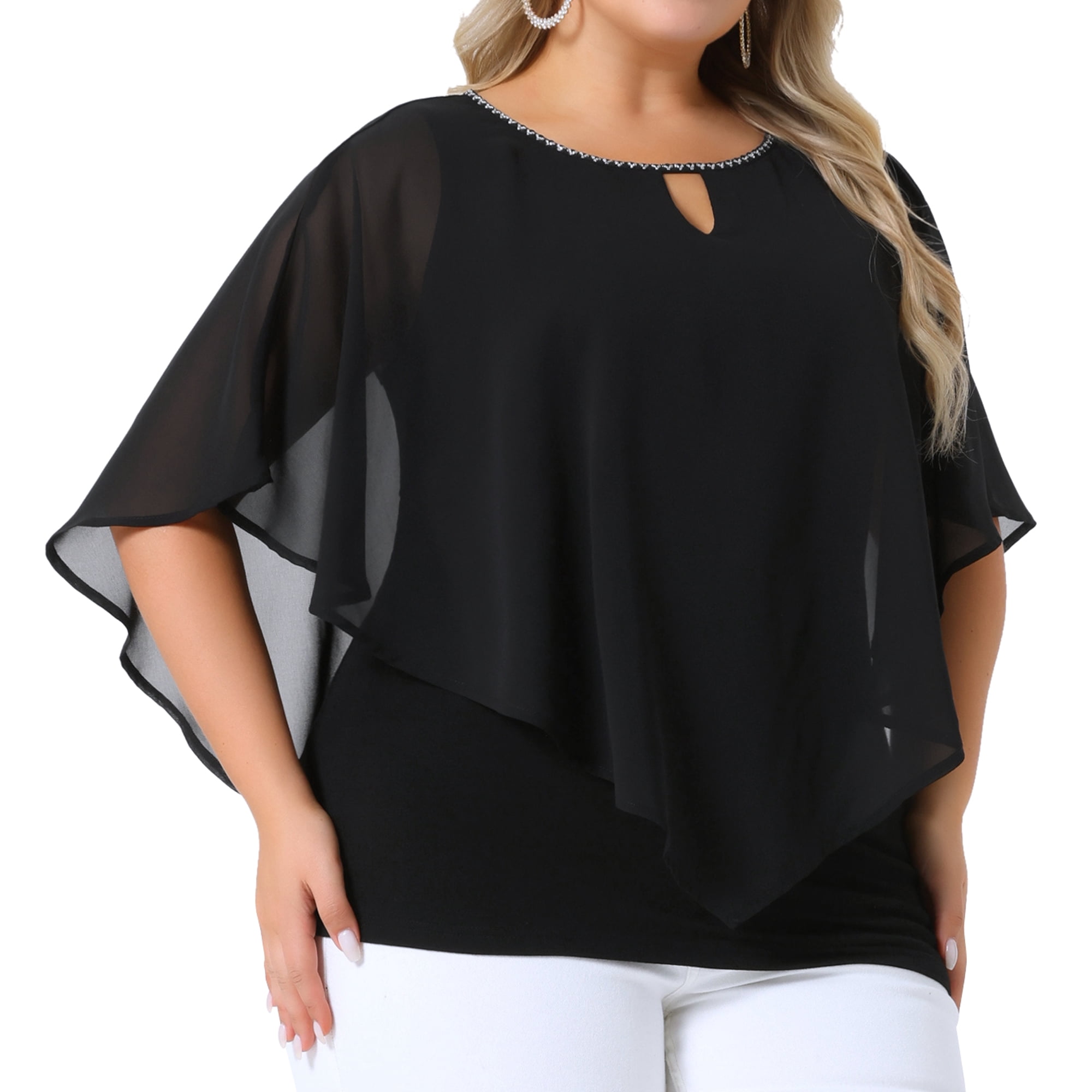 DARING DIVA Women's Plus Keyhole Round Neck Cape Sleeve Chiffon Blouse 3X Black