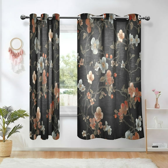 Yayeee Window Curtains Light Filtering 63"x42" Grommet Panel Pair Home Living Room Decor, Black Flowers