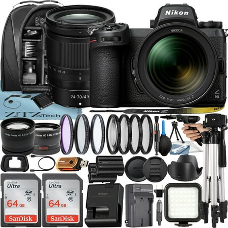 Nikon Z6 II Mirrorless Camera with NIKKOR Z 24-70mm f/4 S Lens + 2 Pack 64GB SanDisk Card + Case + Tripod + ZeeTech Accessory Bundle
