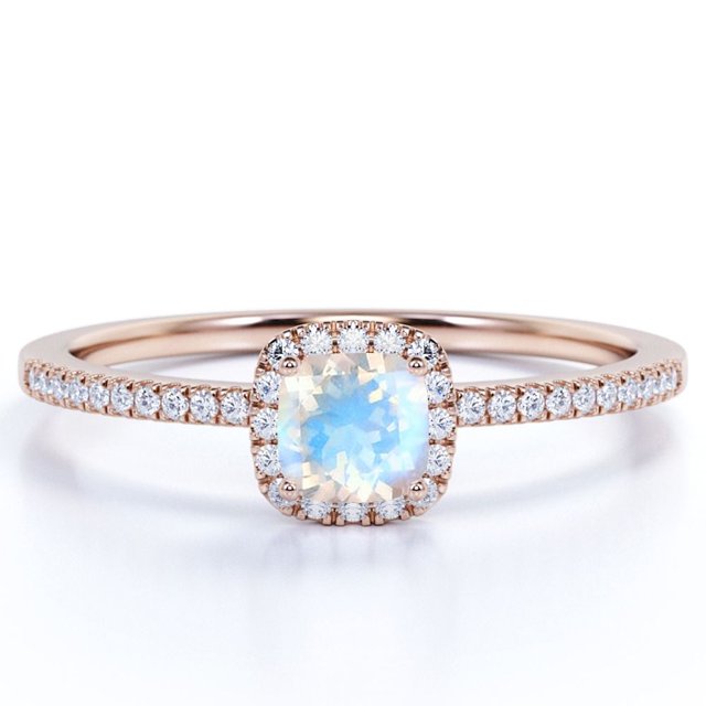 JeenMata Anillo de Bodas con Halo de Piedra Lunar Arcoíris Genuina y Moissanita de 1,75 Uds en Oro Rosa de 18 K sobre Plata