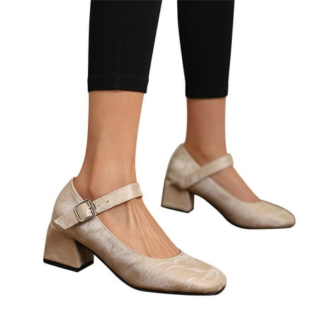 Oyedens Womens Block High Heels Vintage Square Toe Mary Jane Shoes Ballet Flats Dress Shoes
