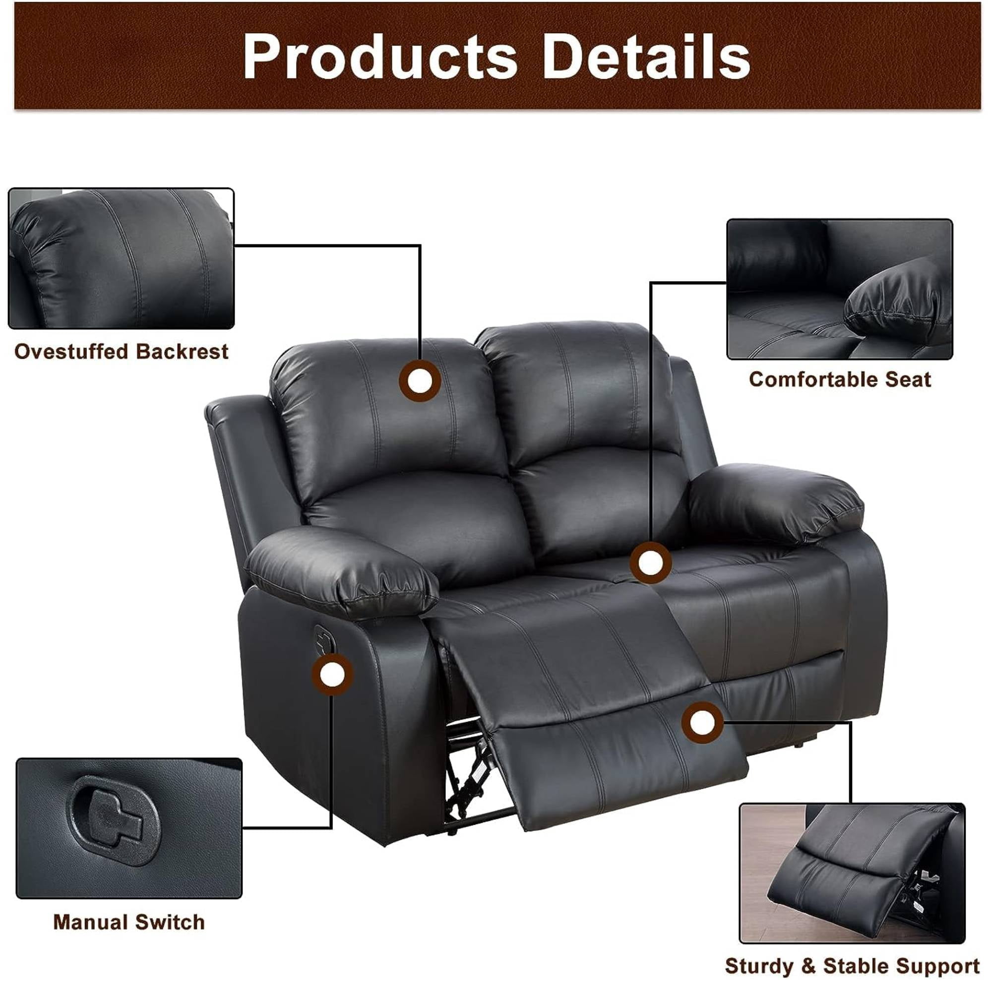 TrumanPick Manual Leather Recliner Chair,2 Seats Overstuffed Rocker Armchair Home Theater Sofa Recliner for Living Room,Black
