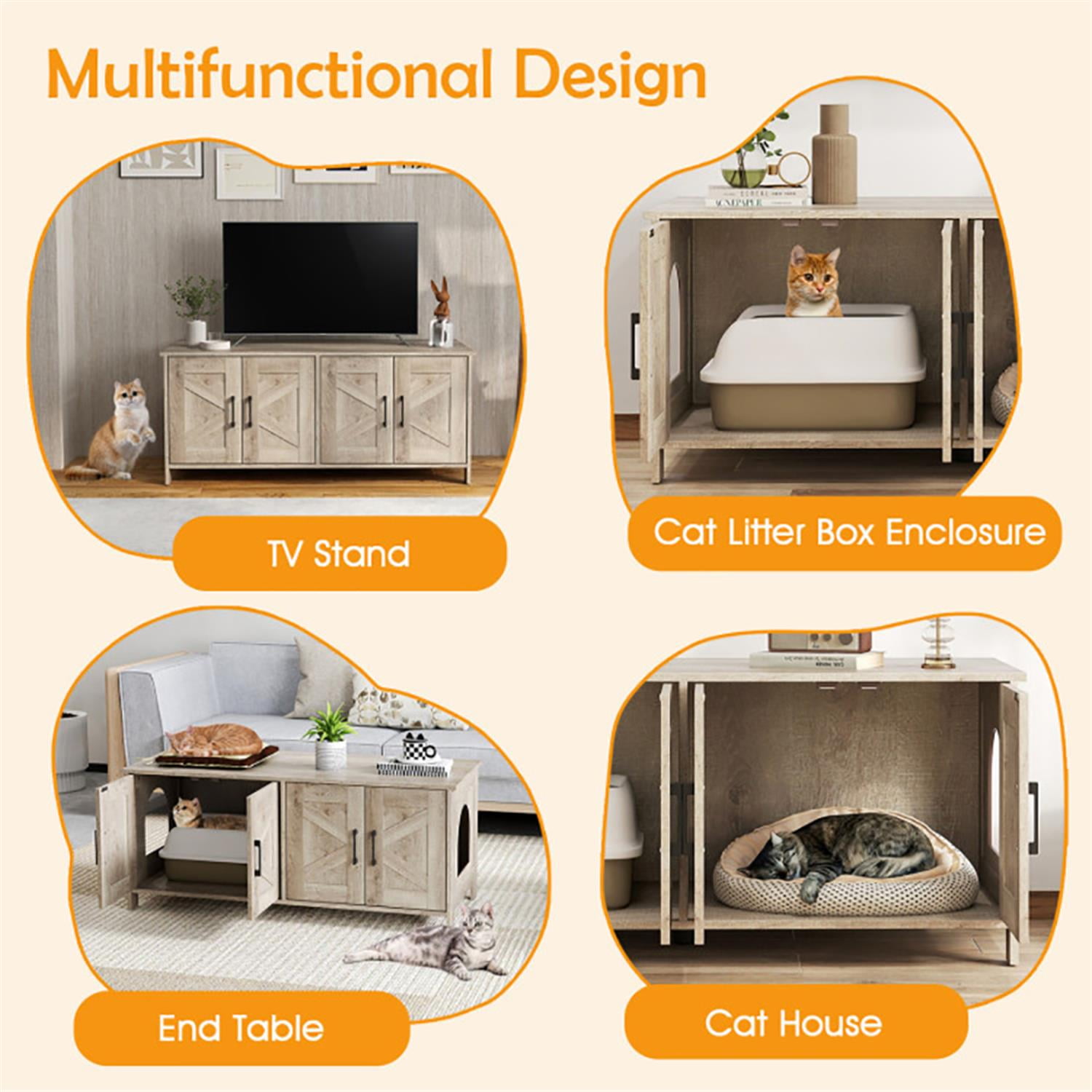 Kadyn 48" Modern Cat Litter Box Enclosure, Hidden Litter Box for 2 Cats, Cat House Furniture for Side Table or Nightstand, Gray