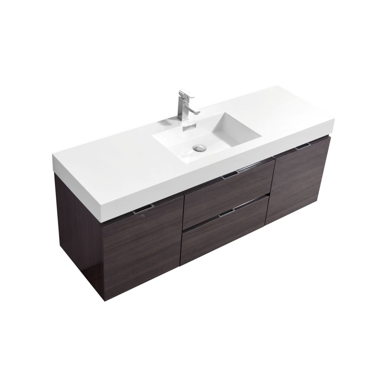 Bliss 60" High Gloss Gray Oak Wall Mount Single Sink Modern Bathroom