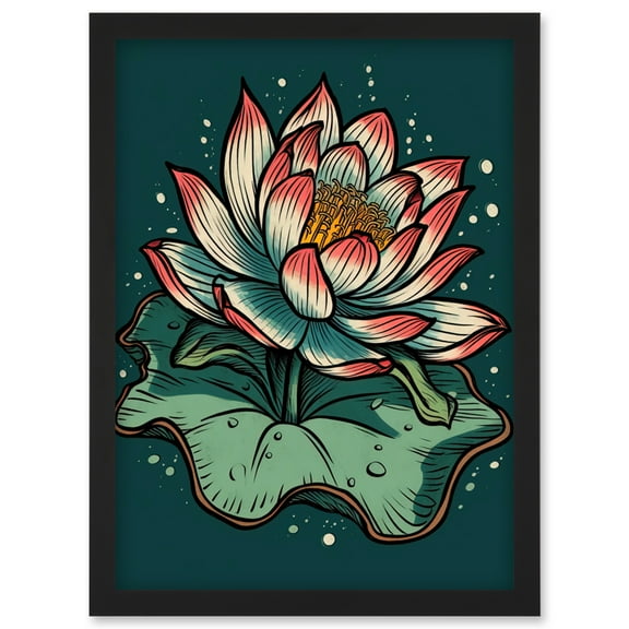 Lotus Flower Old School USA Tattoo Ink Body Art Rockabilly Americana 50s Artwork Framed Wall Art Print A4