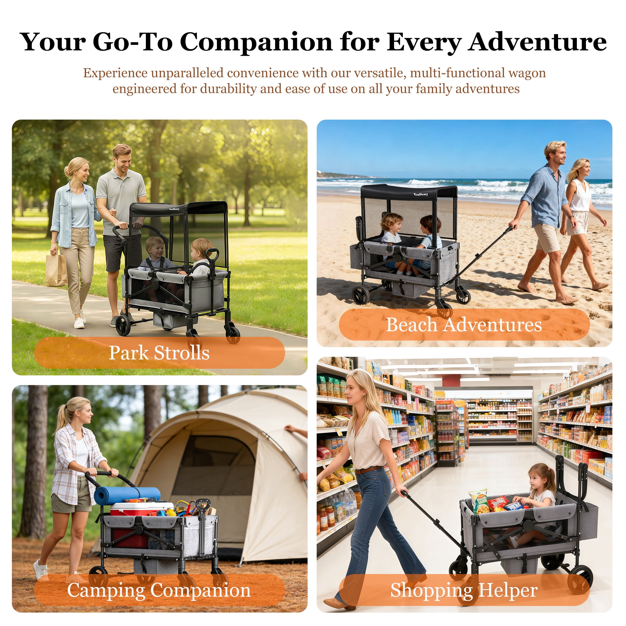TouHeart Wagon Stroller for kids, 2 Seater Folding Stroller Wagon with Canopy, 5-Point Harness, Gray