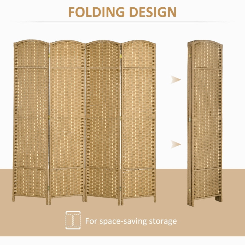 Alvantor 4-Panel Folding Privacy Screen with Hand-Woven PP Panels, Freestanding Room Divider 63"x0.6"x66.9"Nature Wood