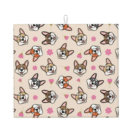 

Dish Drying Mats for Kitchen Counter Cute Corgi Dog Funny Flower 16x18in Dish Drying Pad Coffee Mat with Hanging Loop Super absorbent Kitchen Counter Mat Coffee Bar Accessories