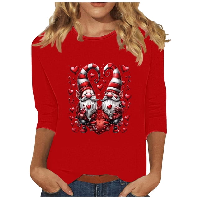 Staron Liquidation T-Shirts de la Saint-Valentin pour Femmes Col Rond Manches 3/4 Hauts Cadeaux de la Saint-Valentin Mode Décontractée Chemisiers Cœur de la Saint-Valentin
