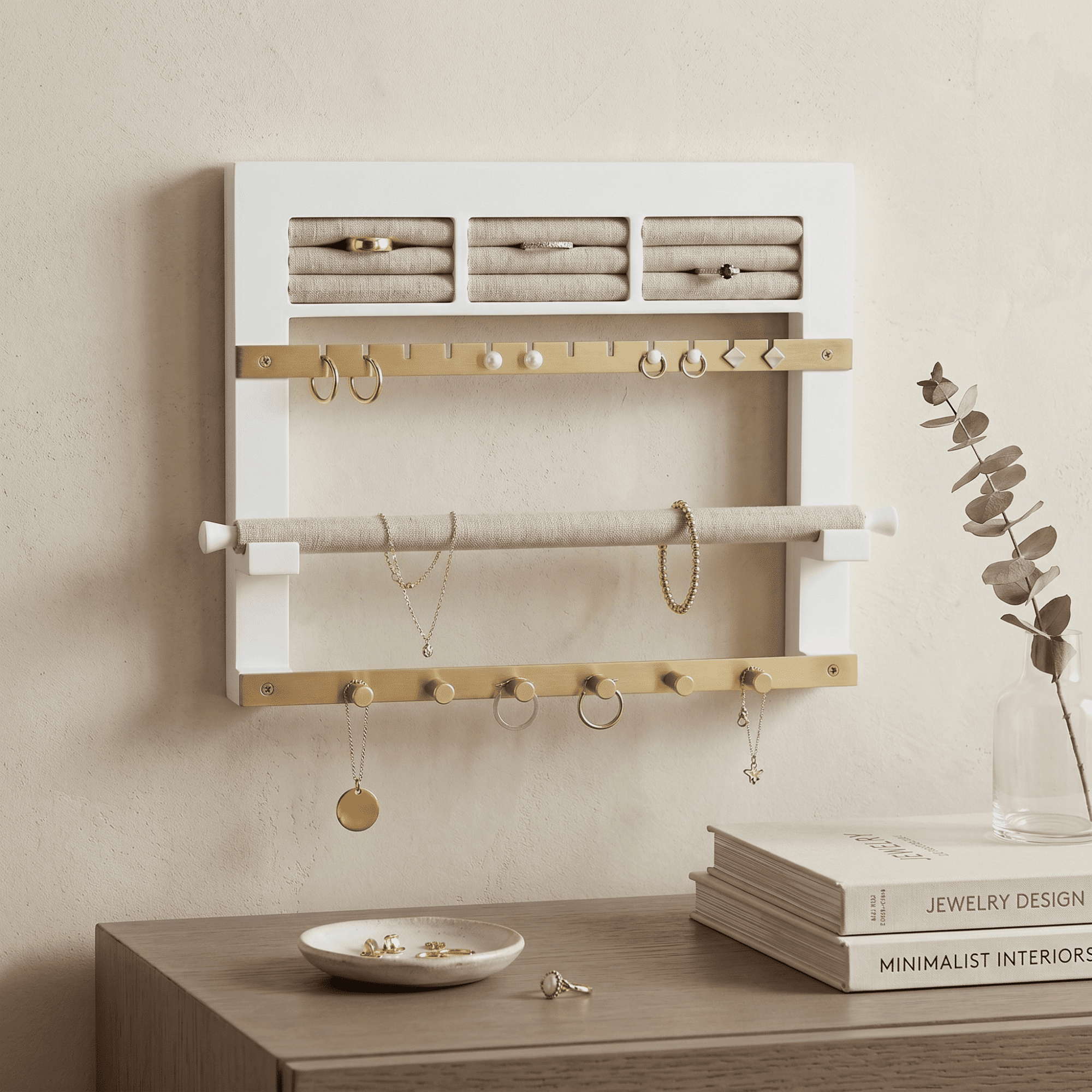 Hives and Honey May Wood Wall Hanging Jewelry Display Organizer - White, Gold and Linen