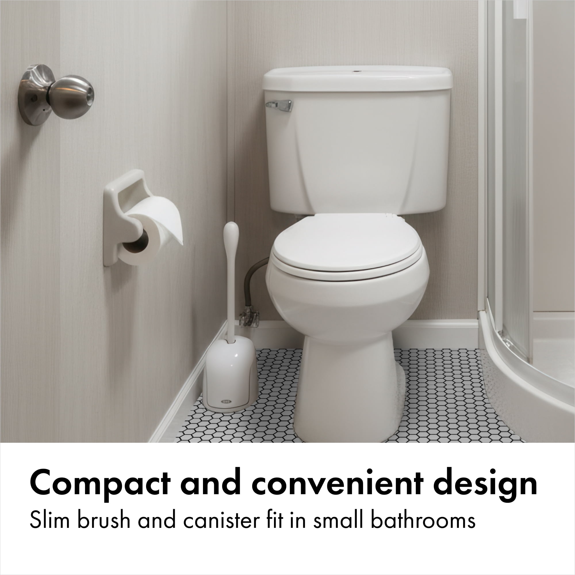 OXO Compact Toilet Bowl Brush with Canister Holder, Space-Saving Bathroom Cleaning Brush, White