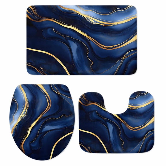 Marble Navy Blue Bath Mat 3 Piece Bathroom Rug Set, Modern Golden Ombre Retro Fluid Art Non Slip Bath Rug Contour Mat and Toilet Lid Cover, Absorbent Shower Mats Soft Bath Rugs and Mats Sets