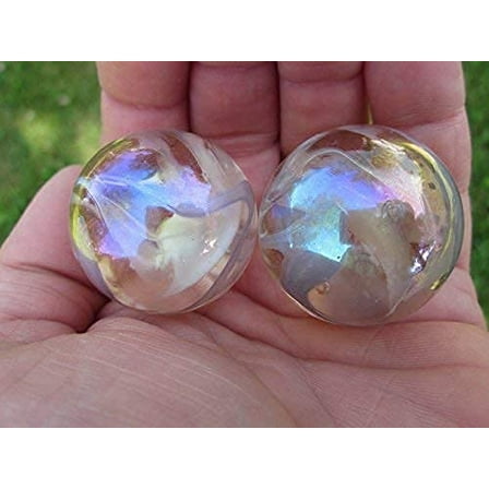 Big Game Toys~Set of 2 Fairy 35mm Boulder Translucent Peach/Pink White Swirl Large Shooter Solid Glass Marbles Home Decor/Vase Filler/Aquarium