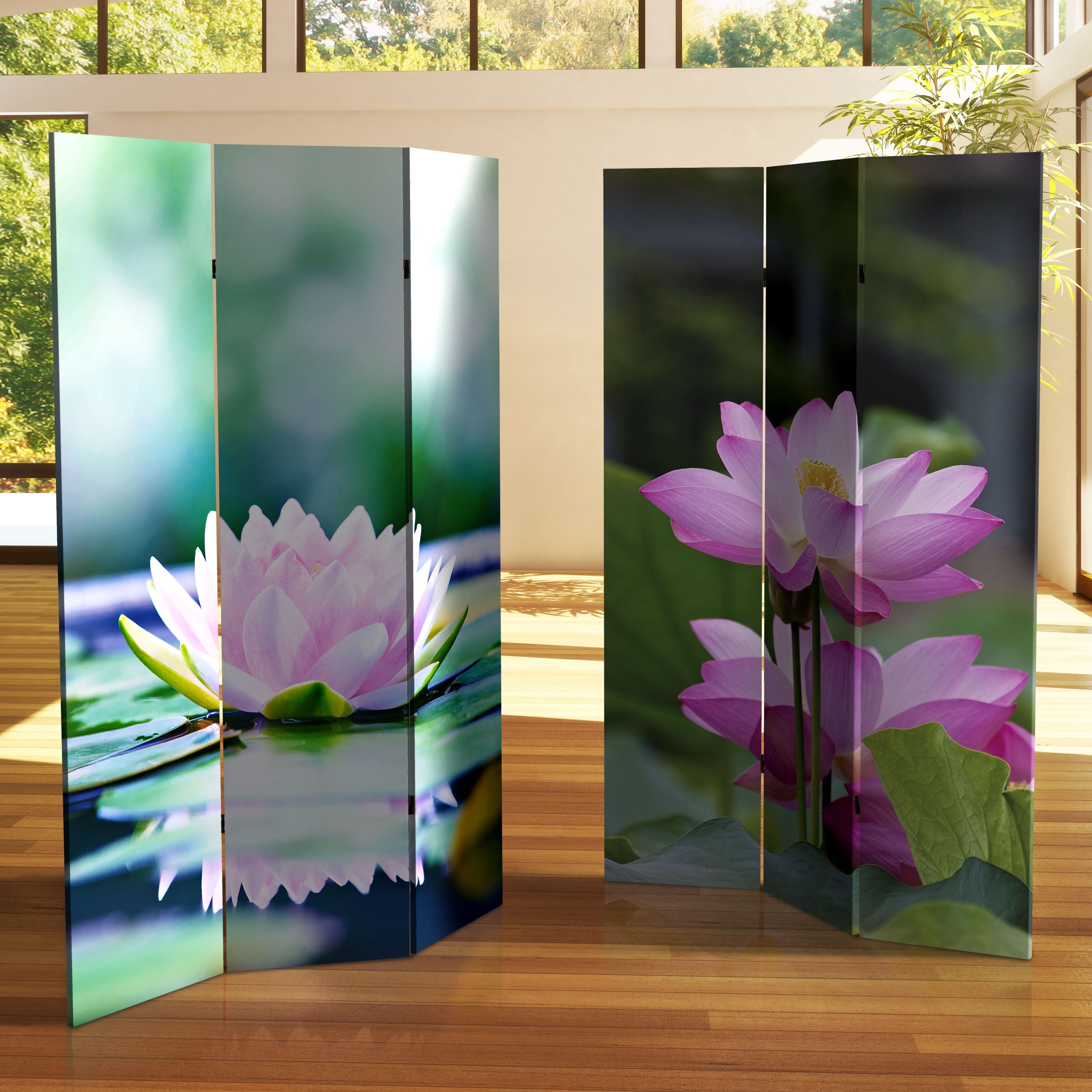 Oriental Furniture 6 ft. Tall Lotus Blossom Canvas Room Divider - 3 Panel