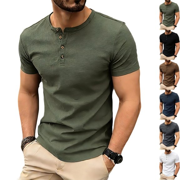 Mens Waffle Knit Henley T Shirts Short Sleeve Casual Textured Muscle Slim Fit Pullover Soft Stretch Workout Athletic Tee Summer Fashion Basic Solid Color Tops