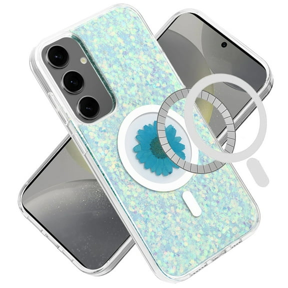 Designed for Samsung Galaxy S24 Ultra Magnetic Circle MagSafe Wireless Compatible Epoxy Glitter Flower Shiny Sparkle Bling Hybrid Slim Phone Case Cover [Blue]