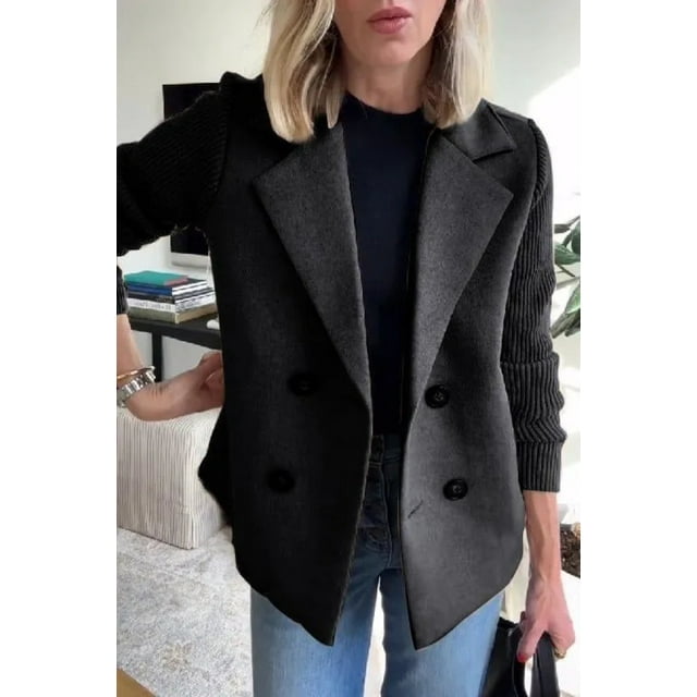 Women's Spring Wool Blend Double-Breasted Coat Solid Color Regular Fit Long Sleeve Suit Jacket Brown