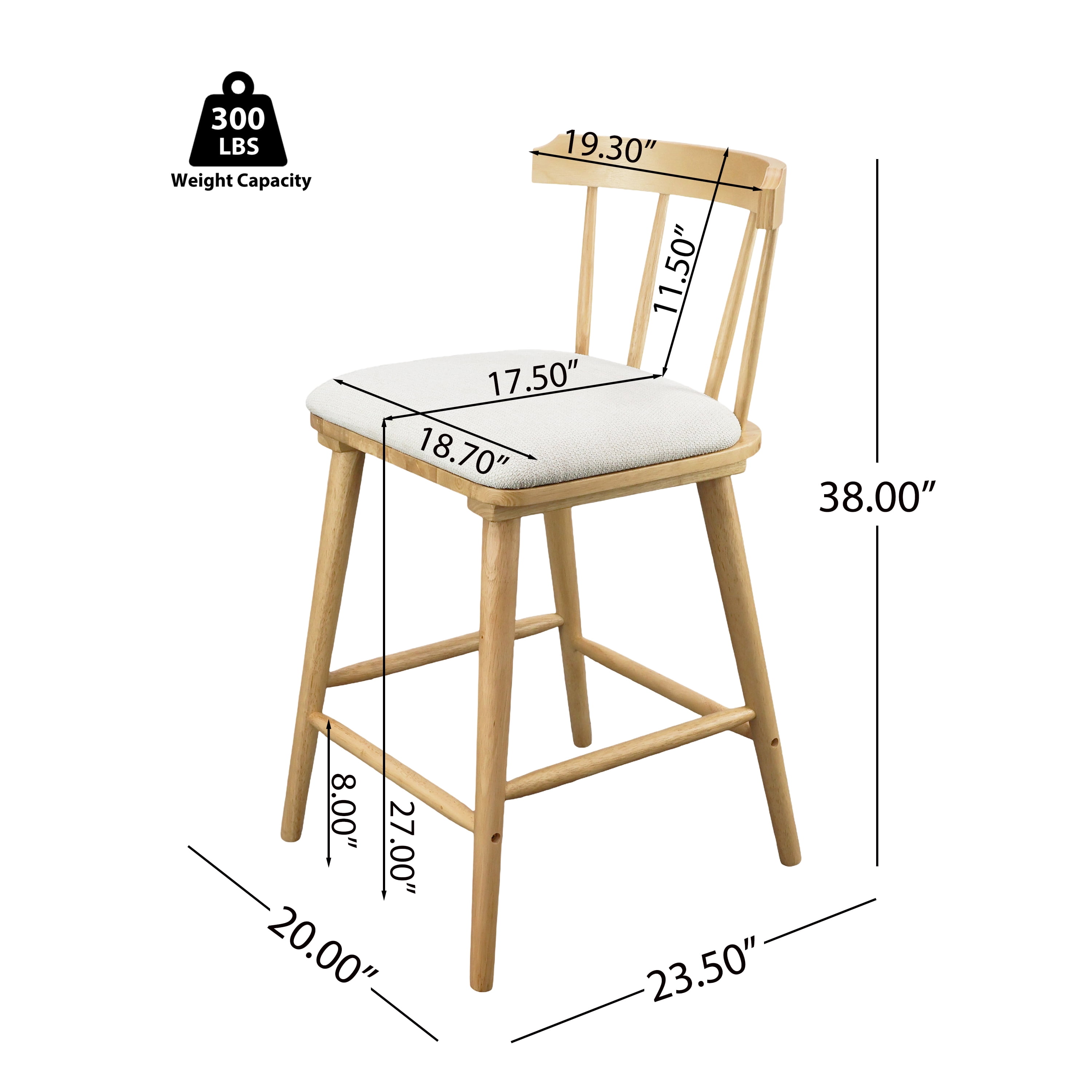 Indoor Wooden Upholstered Counter Stool, Natural Finish with Beige Upholstery, Windsor Style, Set of 2