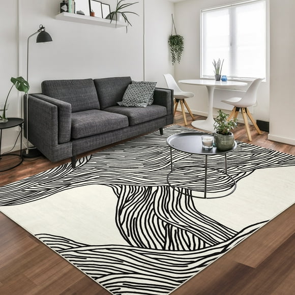 Hasoo Area Rug Black and White 4' x 6' Indoor Abstract Neutral Carpet for Living Room