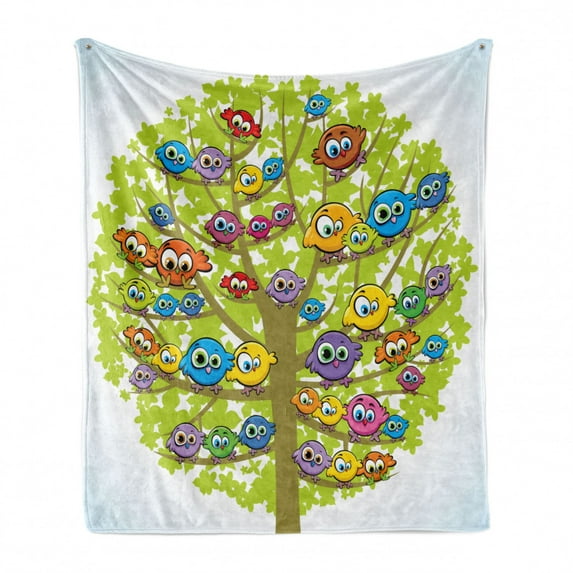 Funny Soft Flannel Fleece Blanket, Cartoon Group of Fun Colorful Canary Bird Family on Oak Branches Animal Illustration, Cozy Plush for Indoor and Outdoor Use, 60" x 80", Multicolor, by Ambesonne