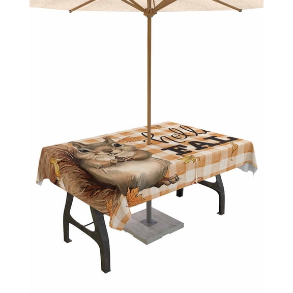 Outdoor Tablecloth with Umbrella Hole for Patio/Picnic/Party/Camping, Squirrel Hello Fall Waterproof Table Cloth Rectangle Table Cover Washable, Maple Leaf Thanksgiving Orange Plaid (60"x 102")