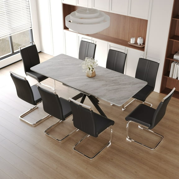 LiviNest Extendable Dining Table Set: 62.4" to 78.15" Marble Pattern MDF Table & 8 Chairs - Expandable Kitchen Furniture for Small Apartments & Modern Dining Rooms with X-Shaped Metal Legs