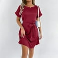 thumbnail image 4 of Robe Décontractée Grande Taille pour Femmes à Manches Courtes avec Ceinture Nœud Col Rond Fluide Confortable pour Fête Vacances Printemps Automne Usage Quotidien, 4 of 6