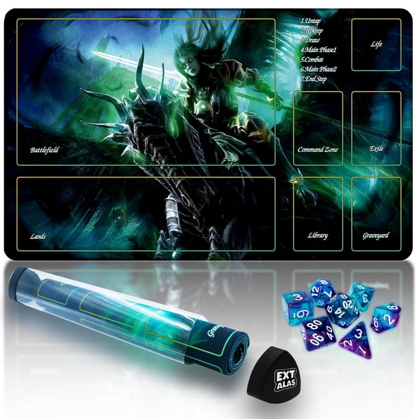 Playmat Extalas MTG TCG con tubo de almacenamiento y 7 dados de 60 x 35 cm