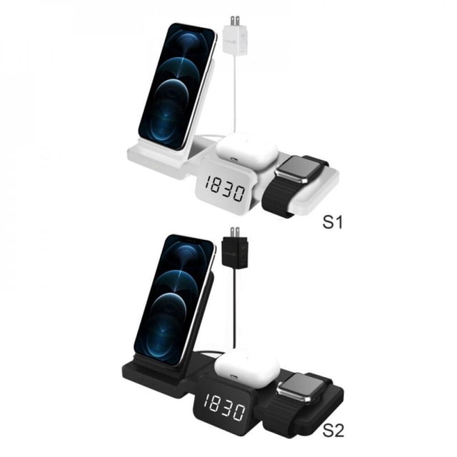 MesaSe Greatlizard 15W Wireless Charger Station With Digital Display Clock 4 In 1 For Mobile Phone Watch Headset Vertical Black