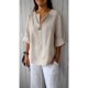 thumbnail image 1 of QUTETN Summer Linen V-Neck Shirt Top - 3/ 4 Roll-Up Sleeve Loose Solid Blouses Tunic Tops With Button for Women, 1 of 4