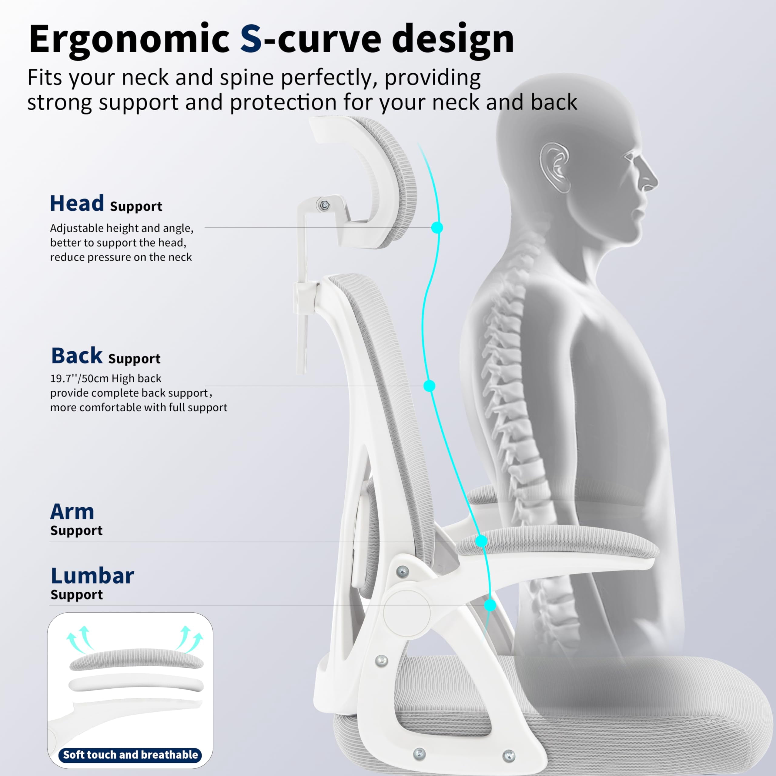 Nexthro Office Chair,Ergonomic Desk Chair with Adjustable Lumbar Support,400 Lbs Mesh Computer Chair High Back with Headrest for Home Office (Grey)