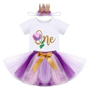 FYMNSI Baby Girl First Birthday Outfit Flower Theme Cotton Short Sleeve Romper Tutu Tulle Skirt Crown Headband 3pcs Set 1Y Purple